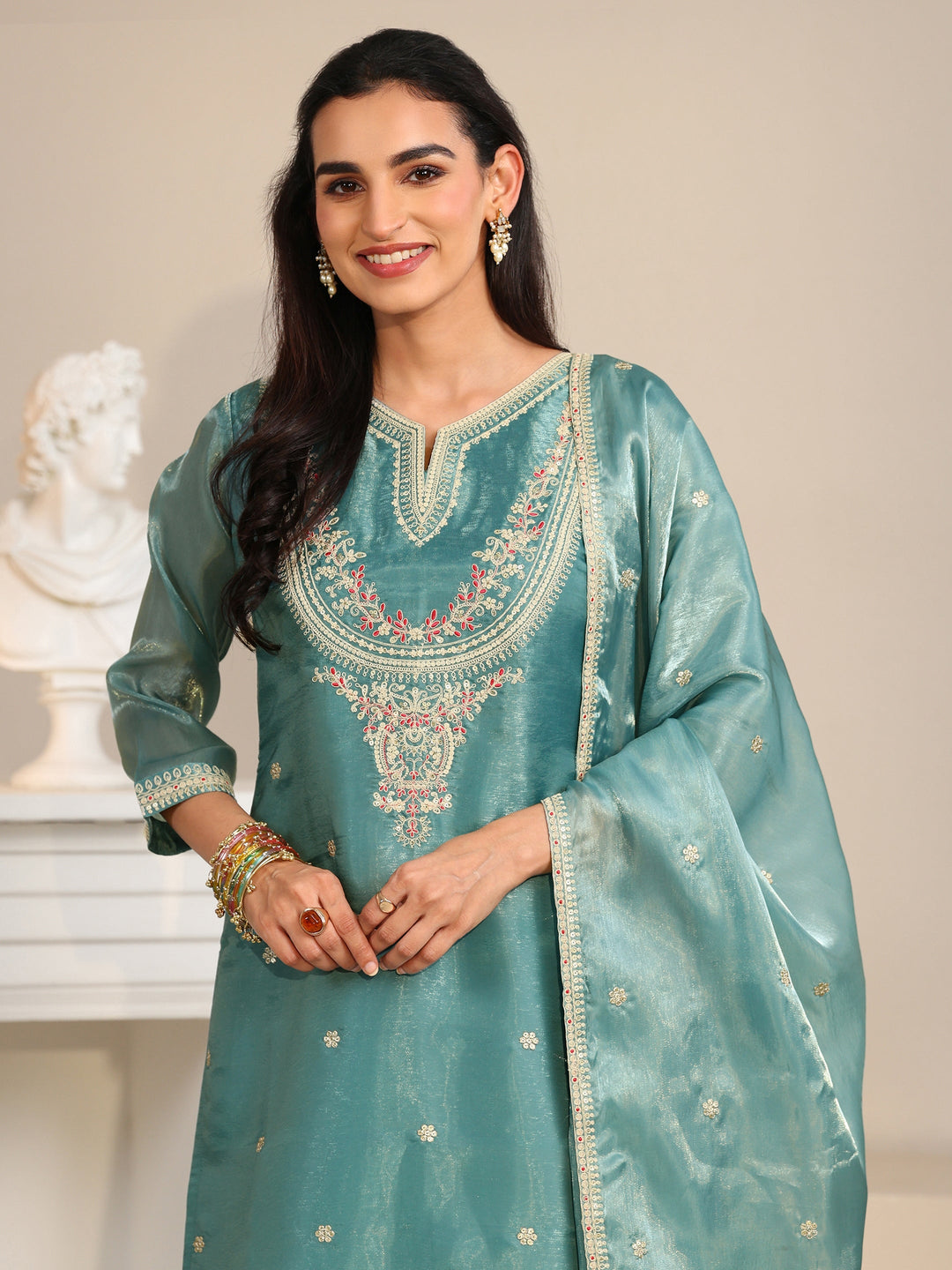  Libas Aqua Blue Ethnic Embroidered Tissue Straight  Suit Set 