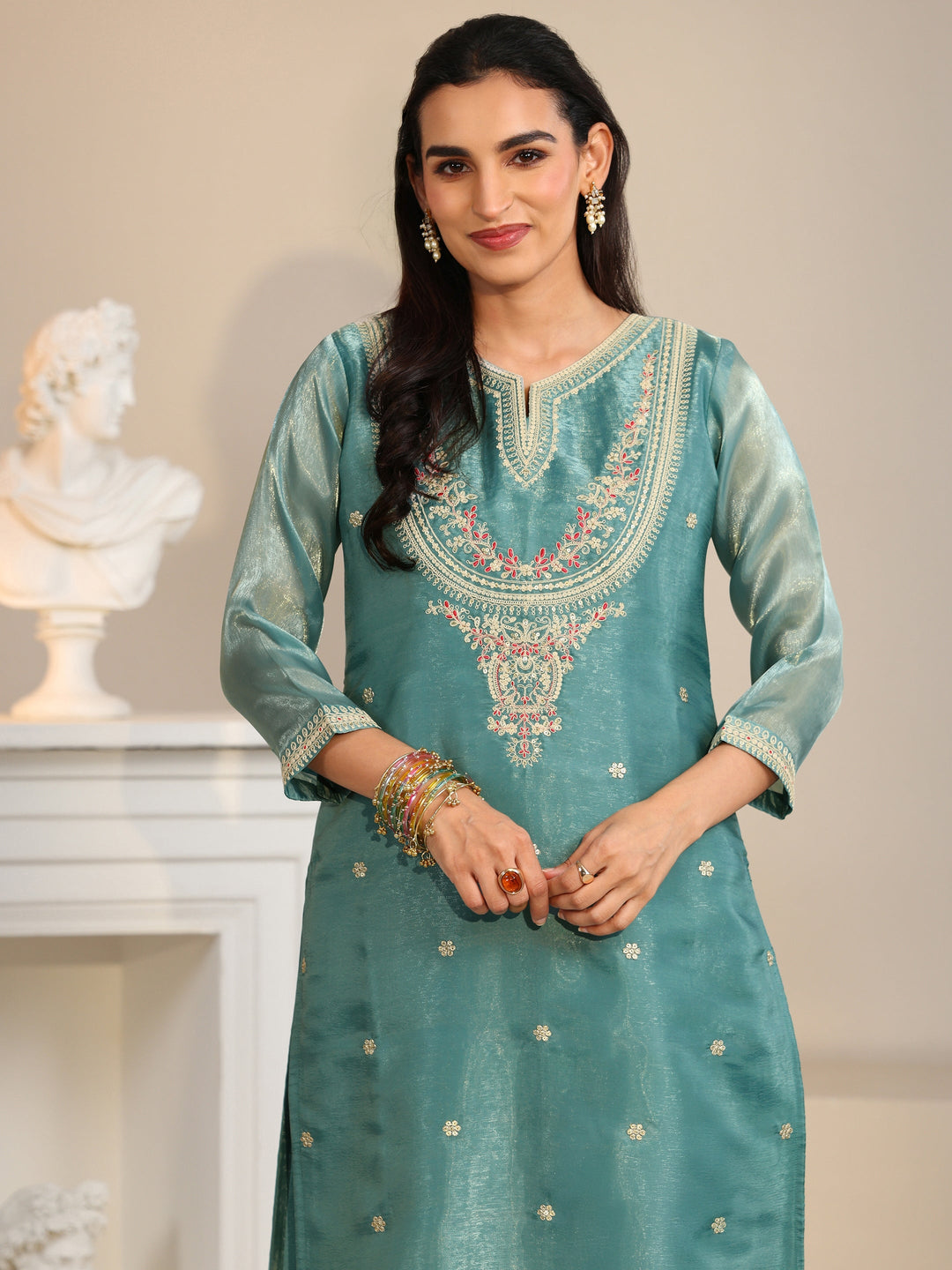  Libas Aqua Blue Ethnic Embroidered Tissue Straight  Suit Set 
