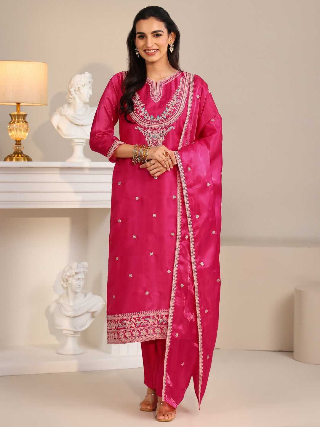  Libas Rani Pink Ethnic Embroidered Tissue Straight Suit Set 
