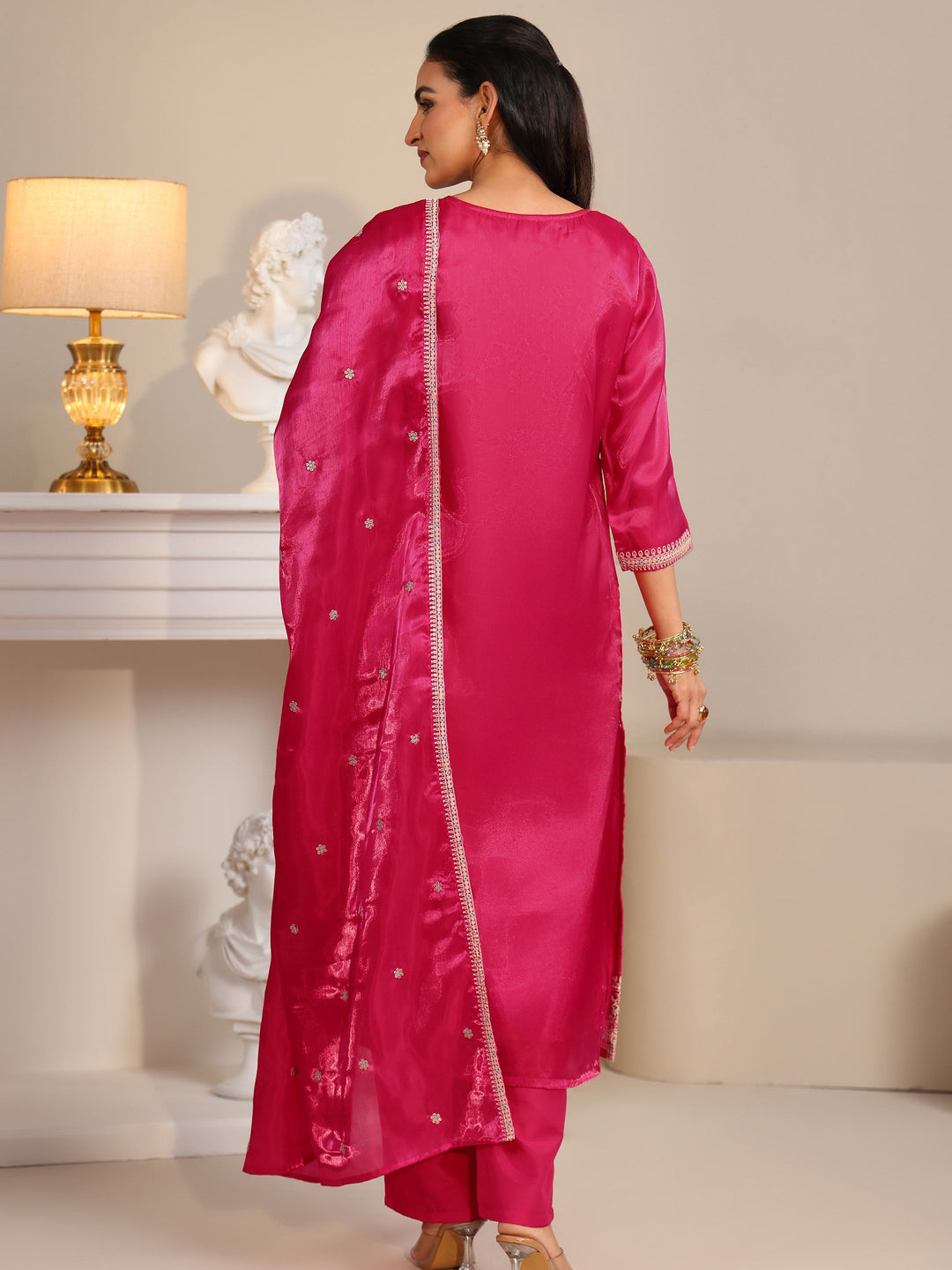  Libas Rani Pink Ethnic Embroidered Tissue Straight Suit Set 