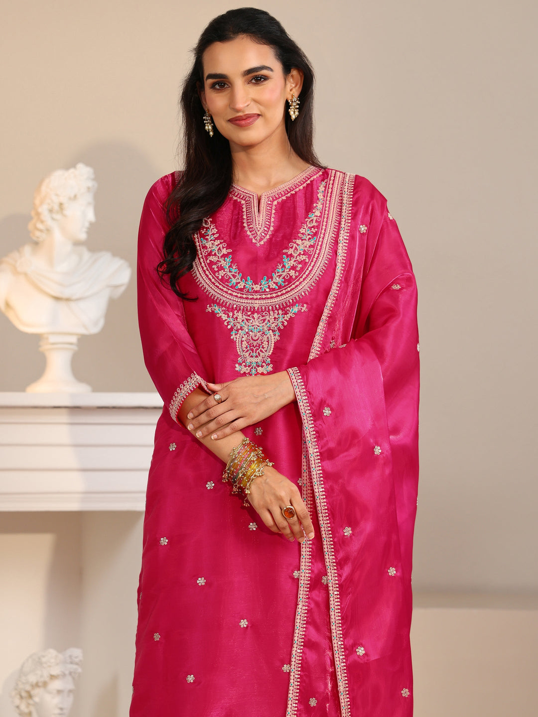  Libas Rani Pink Ethnic Embroidered Tissue Straight Suit Set 