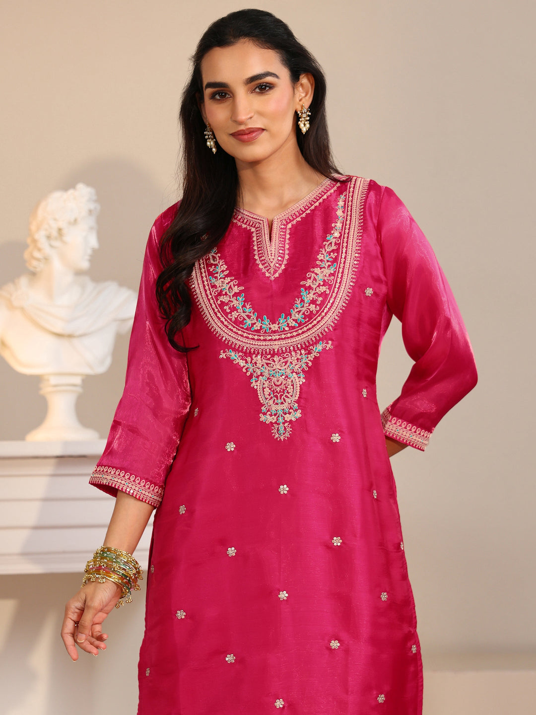  Libas Rani Pink Ethnic Embroidered Tissue Straight Suit Set 