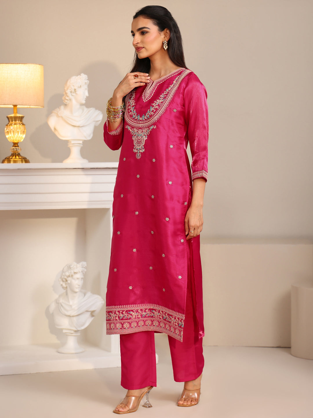  Libas Rani Pink Ethnic Embroidered Tissue Straight Suit Set 