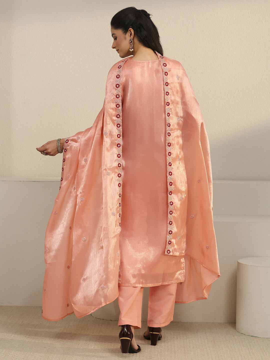  Libas Peach Pink Floral Embroidered Tissue Straight Suit Set 