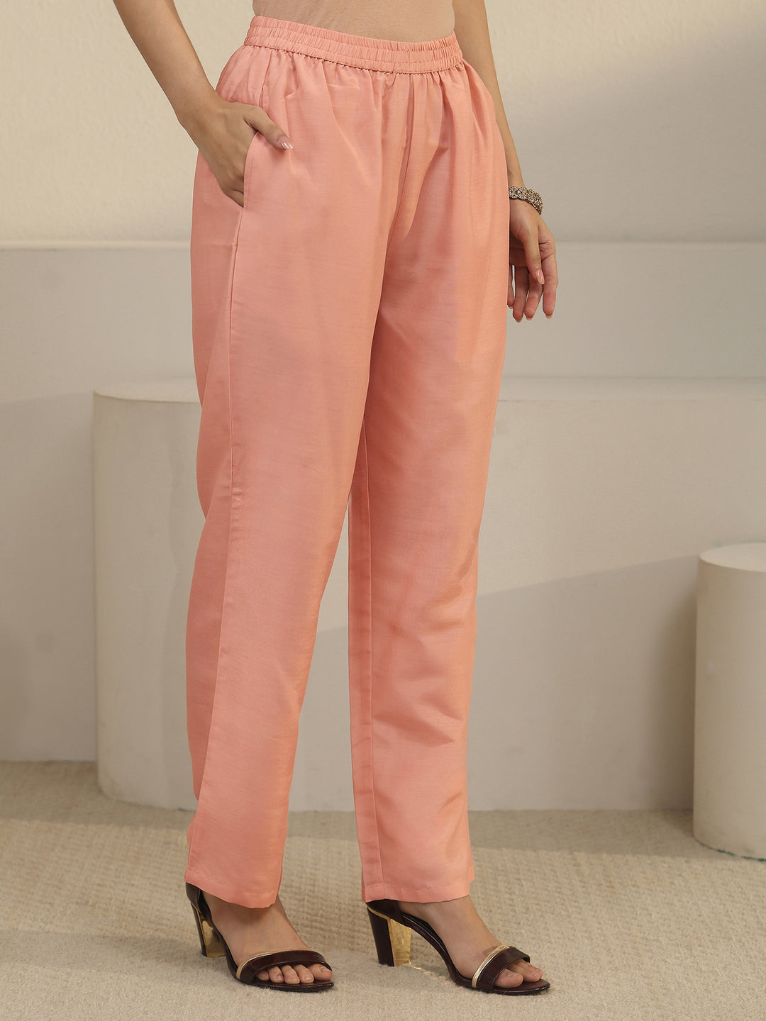  Libas Peach Pink Floral Embroidered Tissue Straight Suit Set 