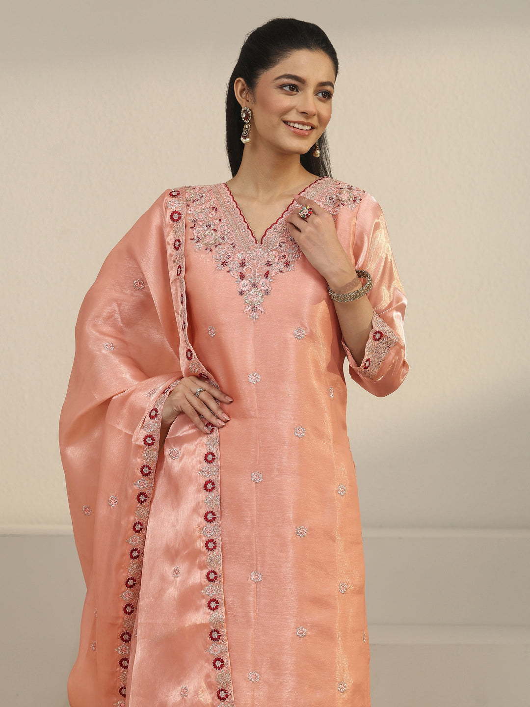  Libas Peach Pink Floral Embroidered Tissue Straight Suit Set 
