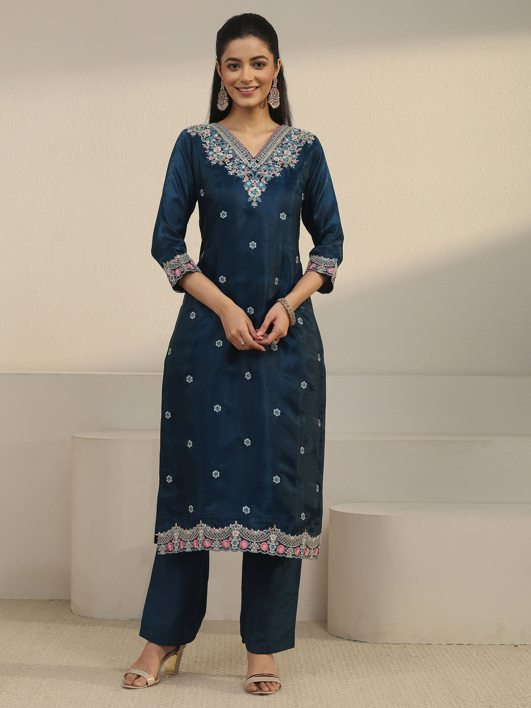  Libas Teal Blue Floral Embroidered Tissue Straight Suit Set 
