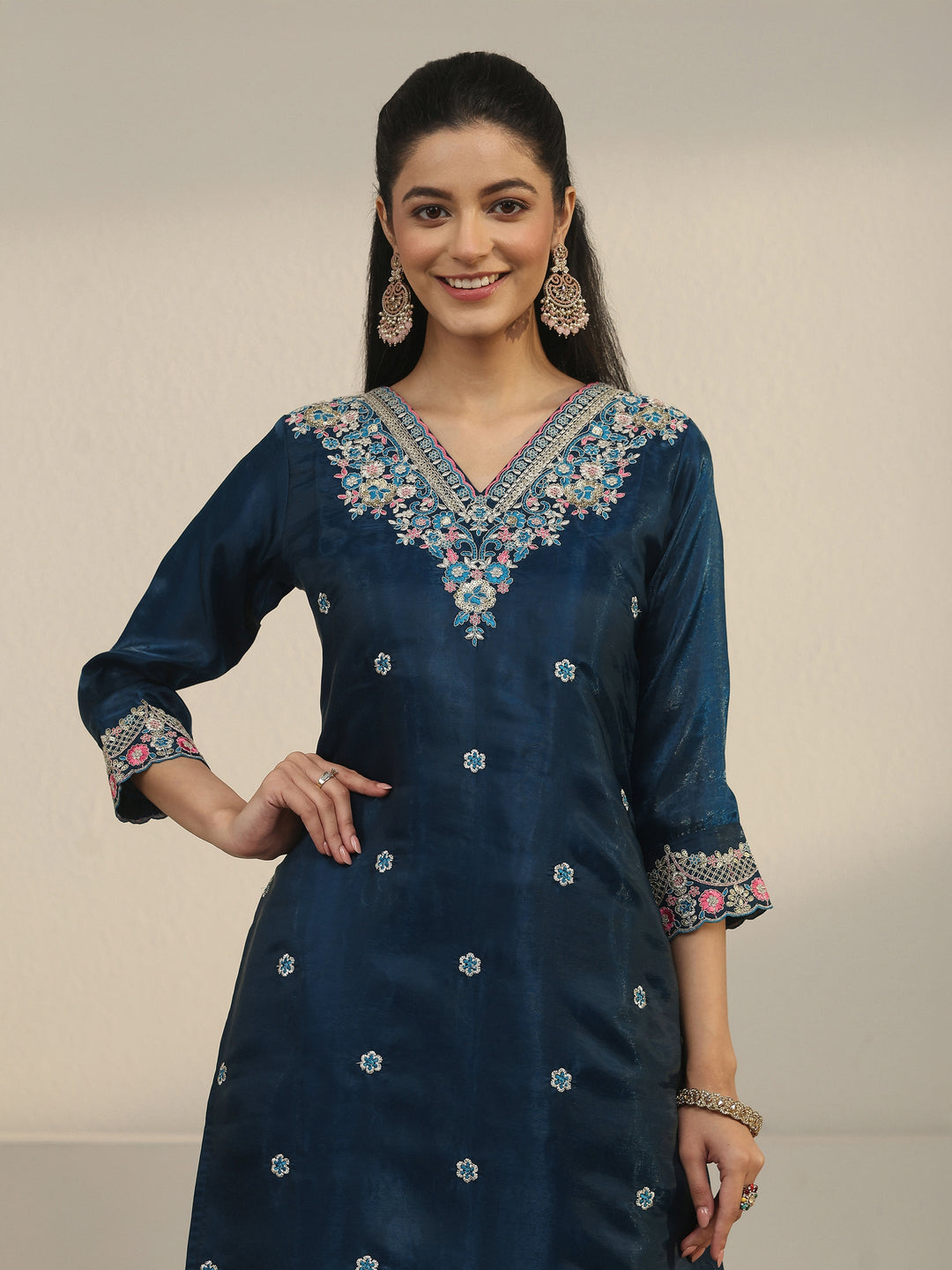  Libas Teal Blue Floral Embroidered Tissue Straight Suit Set 