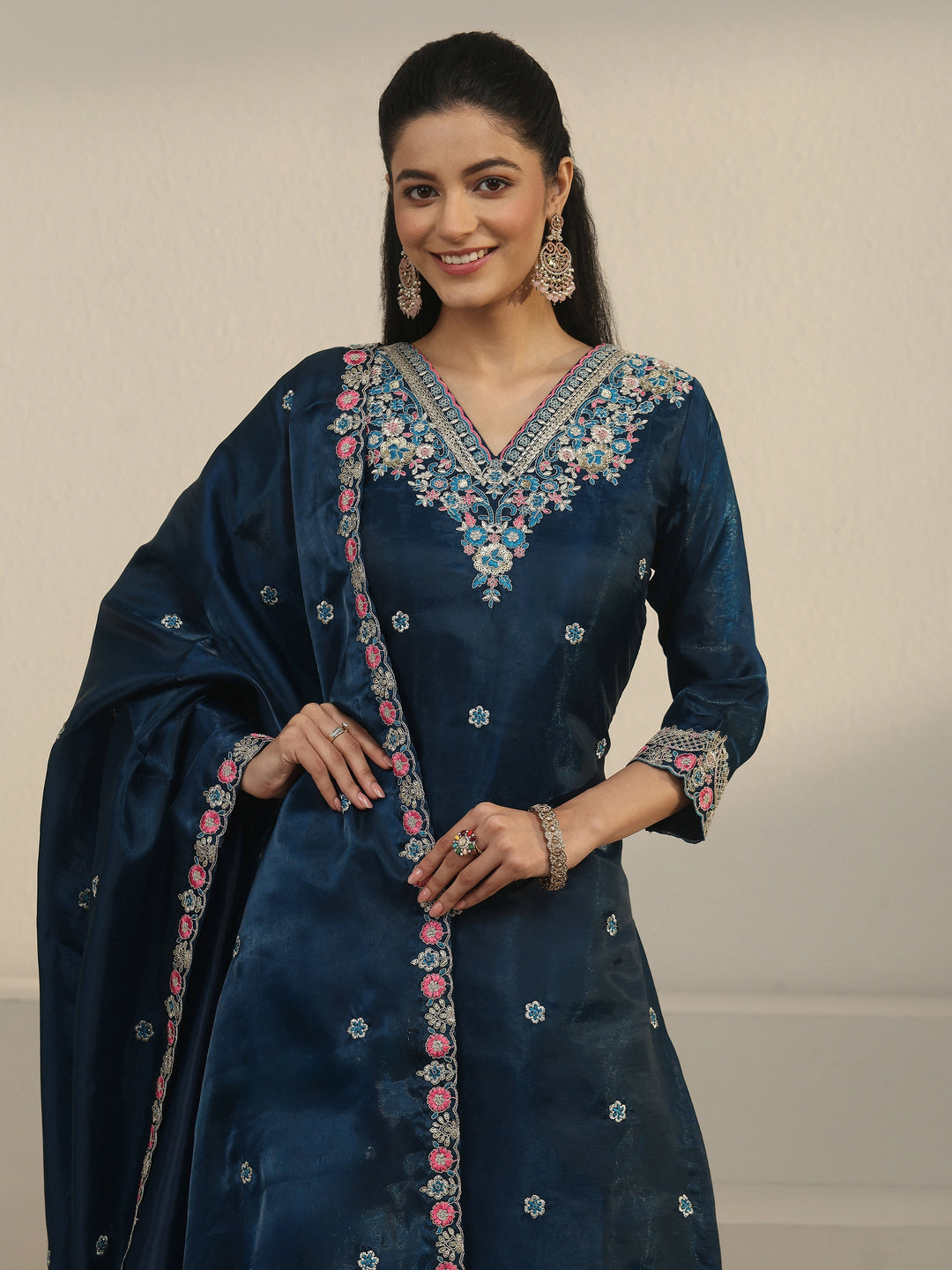  Libas Teal Blue Floral Embroidered Tissue Straight Suit Set 