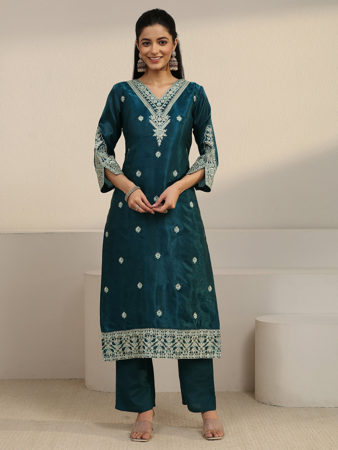  Libas Blue Floral Embroidered Tissue Straight Suit Set 