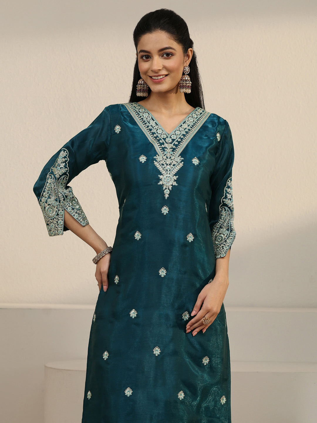  Libas Blue Floral Embroidered Tissue Straight Suit Set 