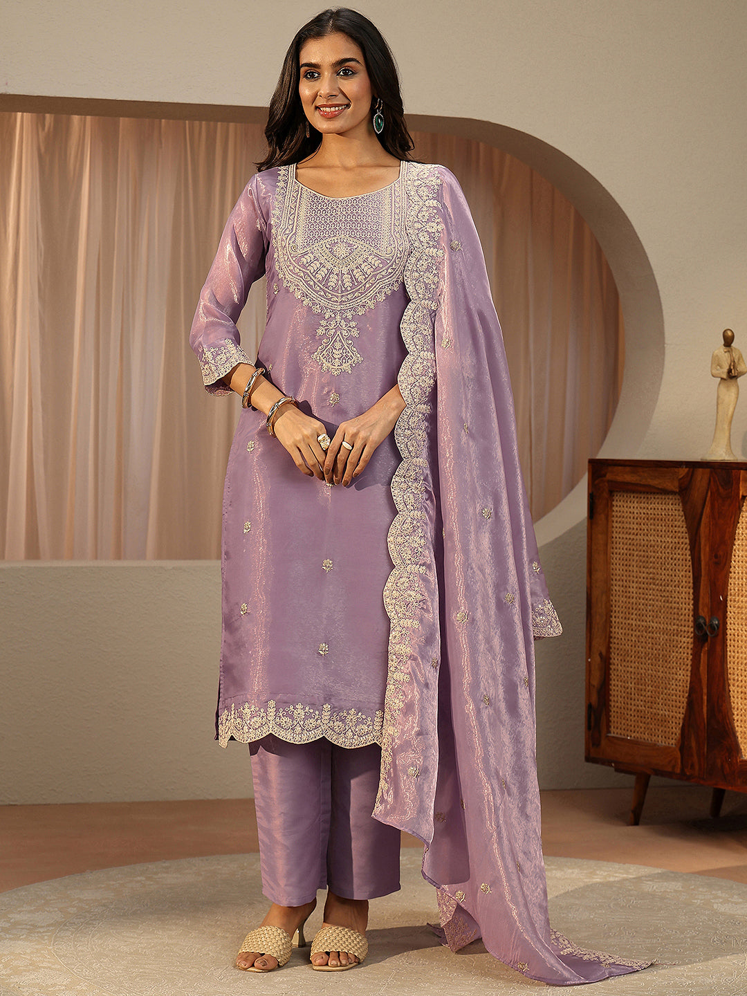  Lavender Floral Embroidered Tissue Straight Suit Set 