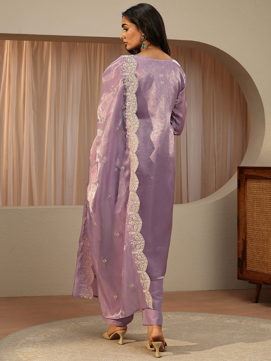  Lavender Floral Embroidered Tissue Straight Suit Set 