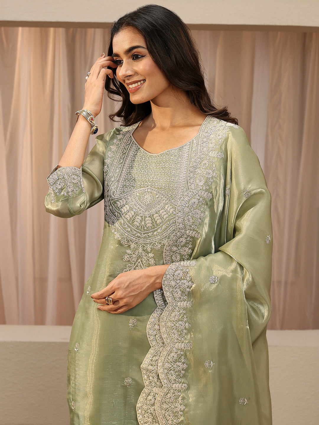  Green Floral Embroidered Tissue Straight Suit Set 