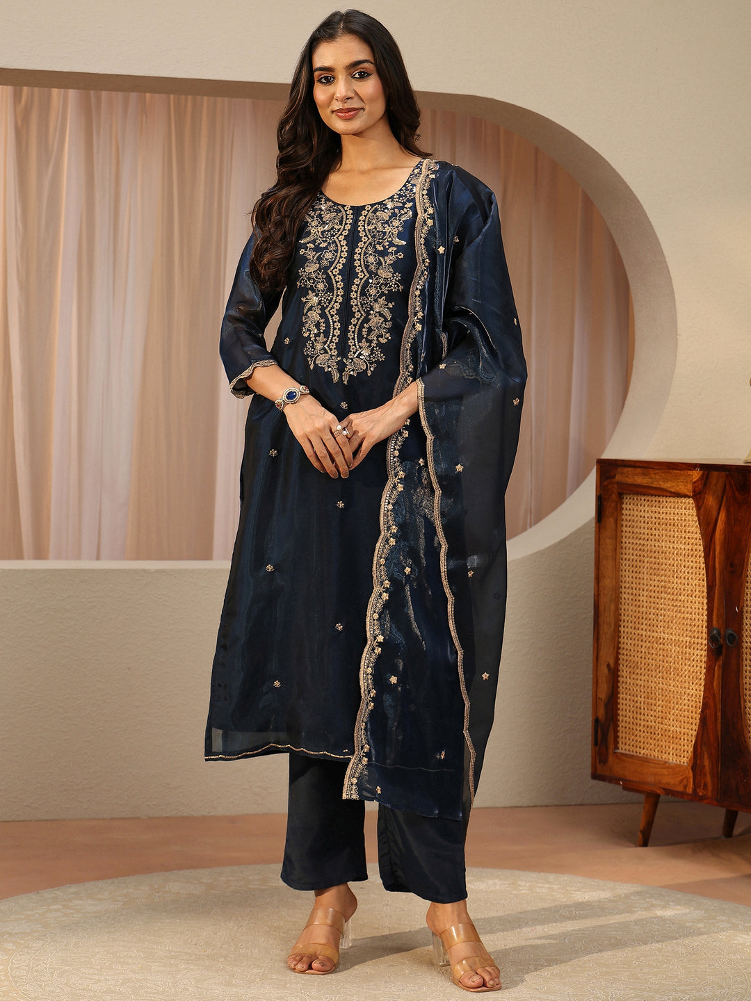  Blue Floral Embroidered Tissue Straight Suit Set 