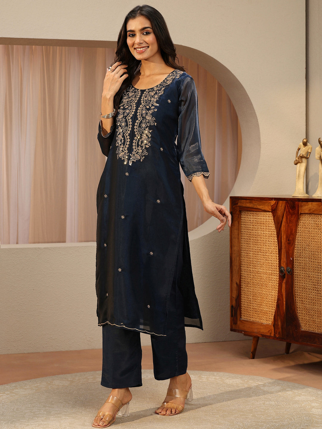  Blue Floral Embroidered Tissue Straight Suit Set 