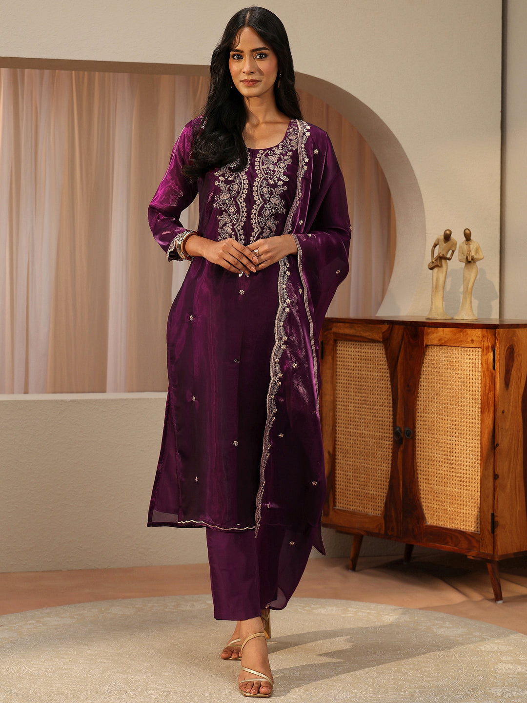  Burgundy Floral Embroidered Tissue Straight Suit Set 