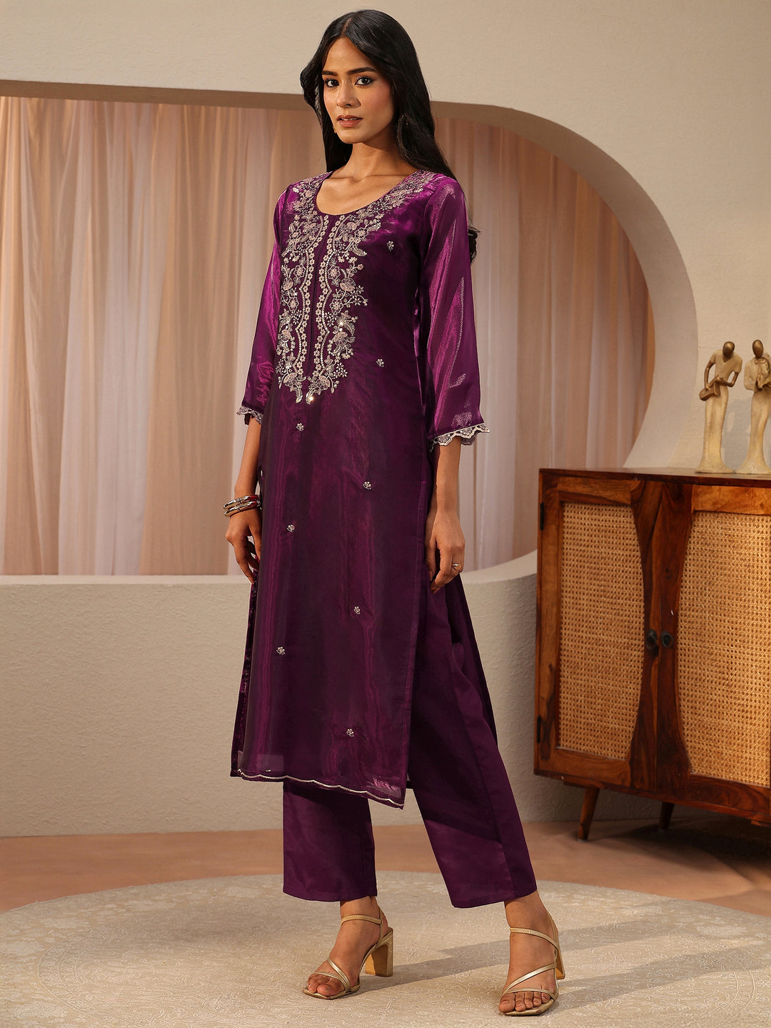  Burgundy Floral Embroidered Tissue Straight Suit Set 