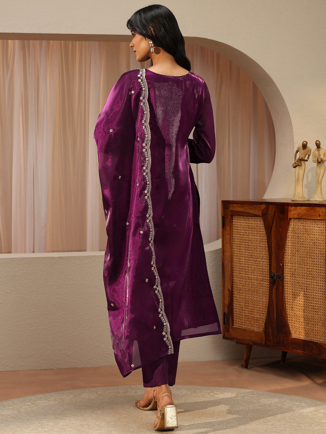  Burgundy Floral Embroidered Tissue Straight Suit Set 