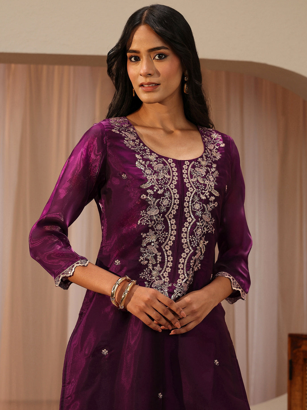  Burgundy Floral Embroidered Tissue Straight Suit Set 