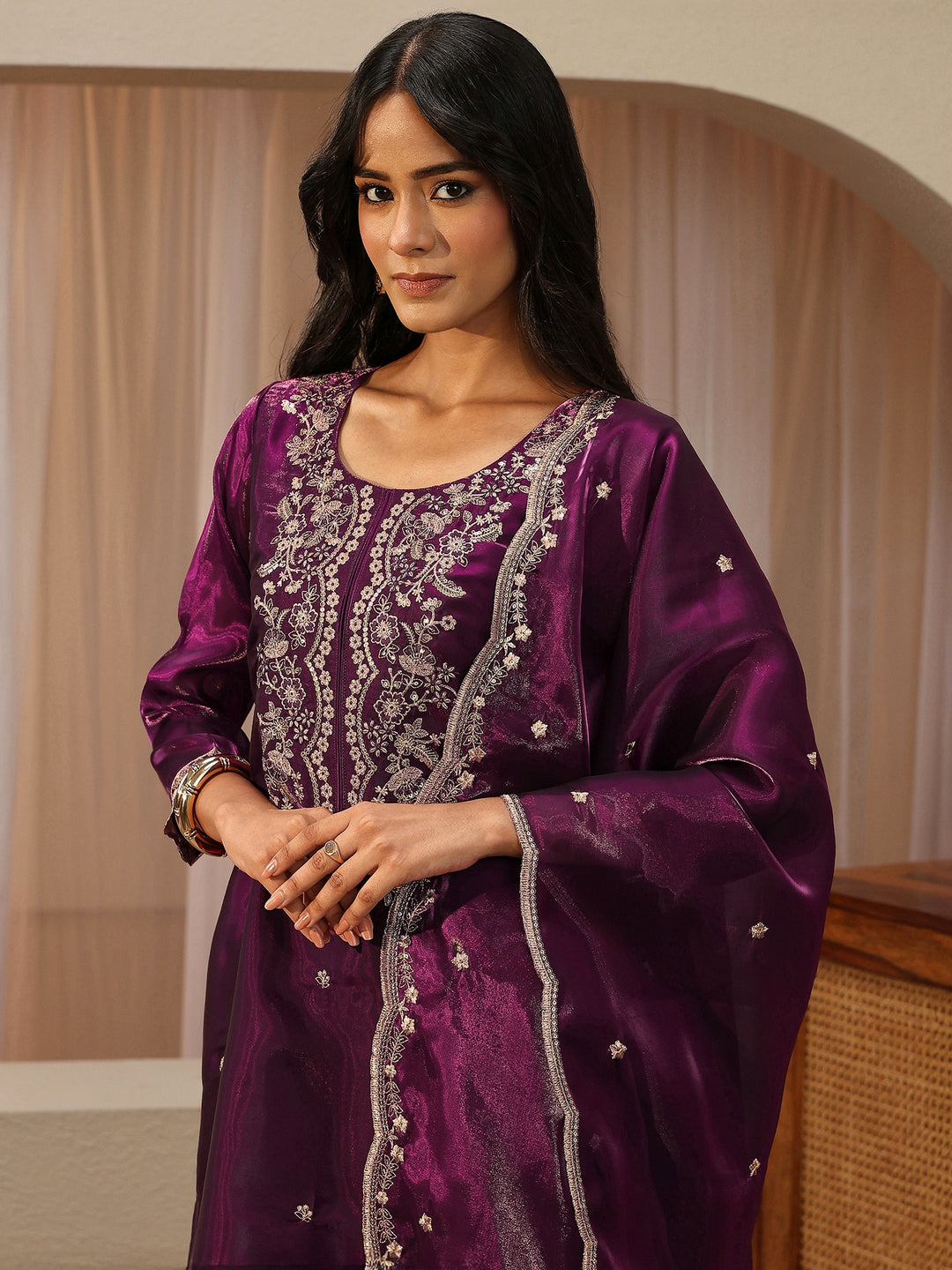  Burgundy Floral Embroidered Tissue Straight Suit Set 