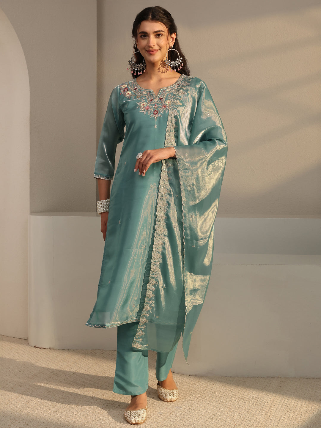  Blue Floral Embroidered Tissue Straight Suit Set With Dupatta 