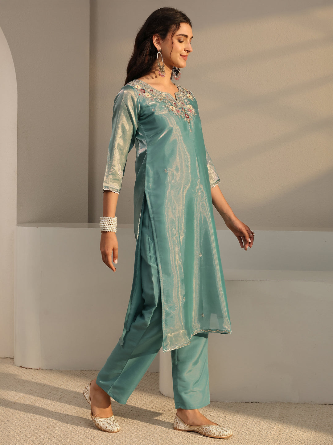  Blue Floral Embroidered Tissue Straight Suit Set With Dupatta 
