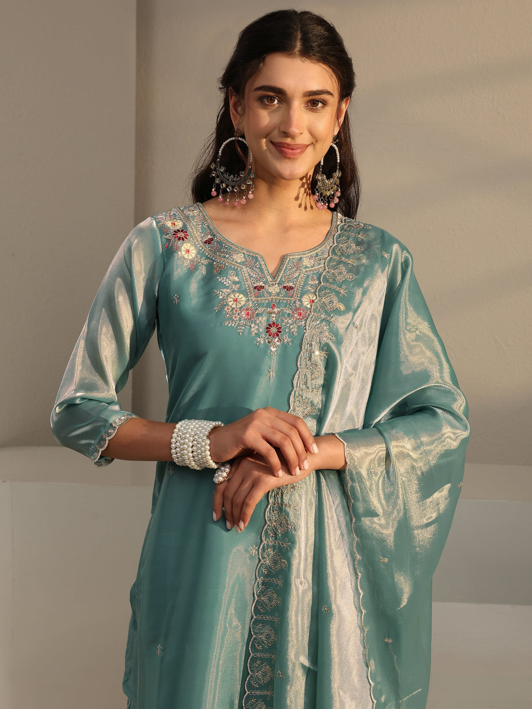  Blue Floral Embroidered Tissue Straight Suit Set With Dupatta 