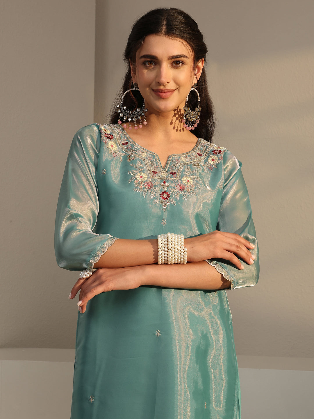  Blue Floral Embroidered Tissue Straight Suit Set With Dupatta 