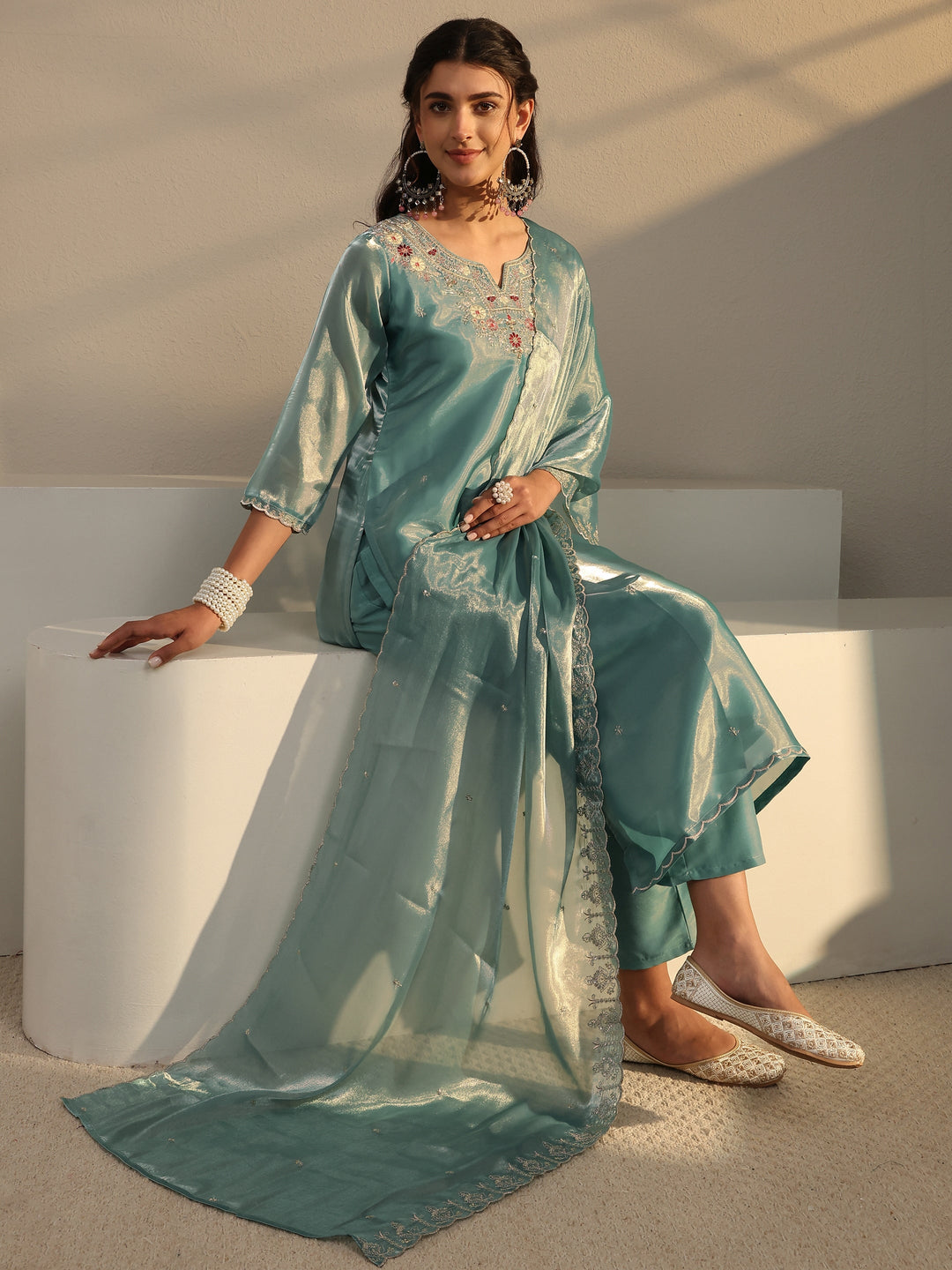  Blue Floral Embroidered Tissue Straight Suit Set With Dupatta 