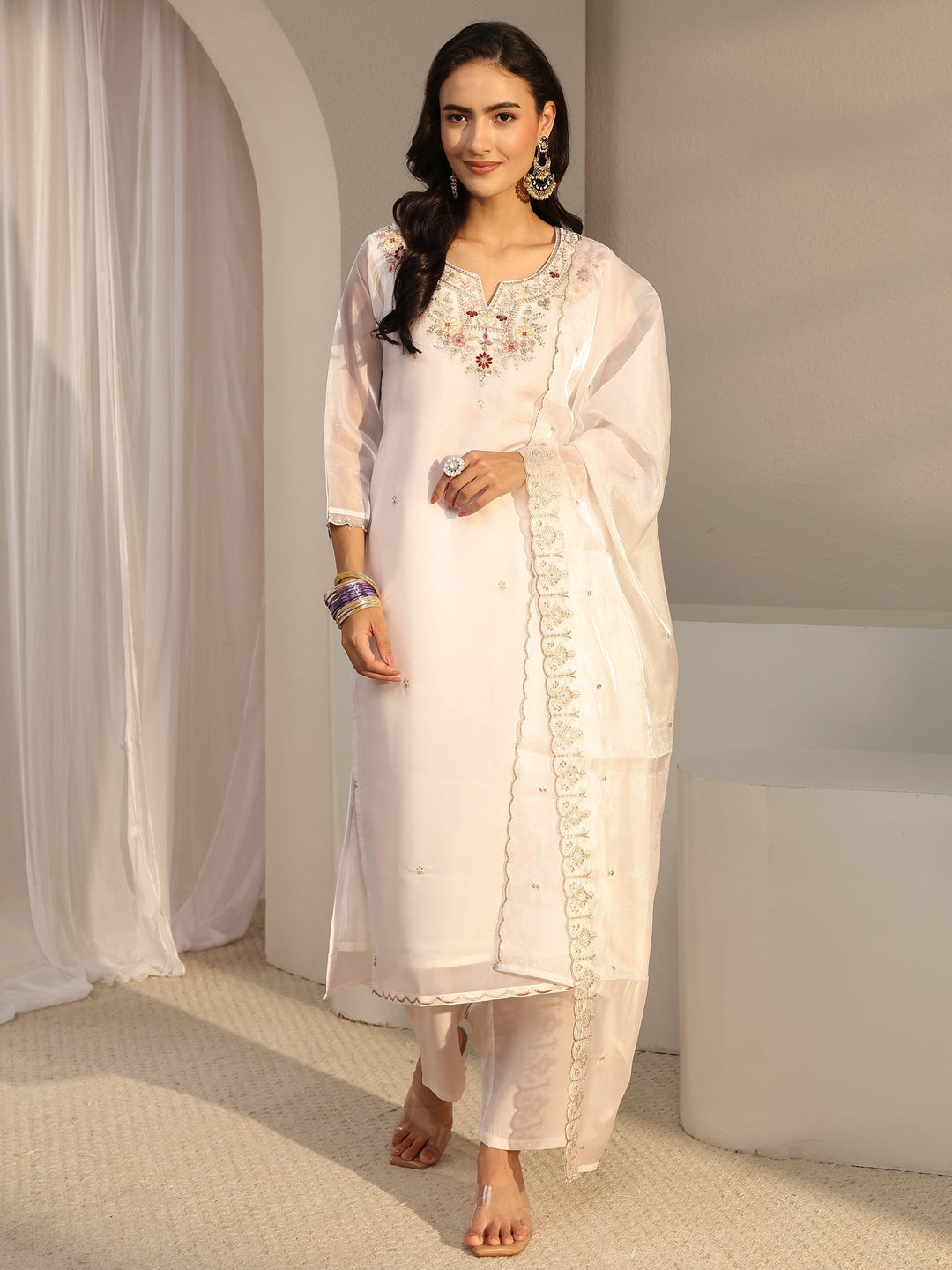  White Floral Embroidered Tissue Straight Suit Set With Dupatta 
