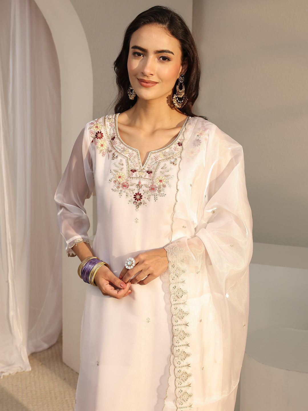  White Floral Embroidered Tissue Straight Suit Set With Dupatta 
