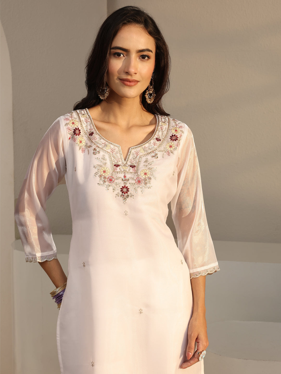  White Floral Embroidered Tissue Straight Suit Set With Dupatta 