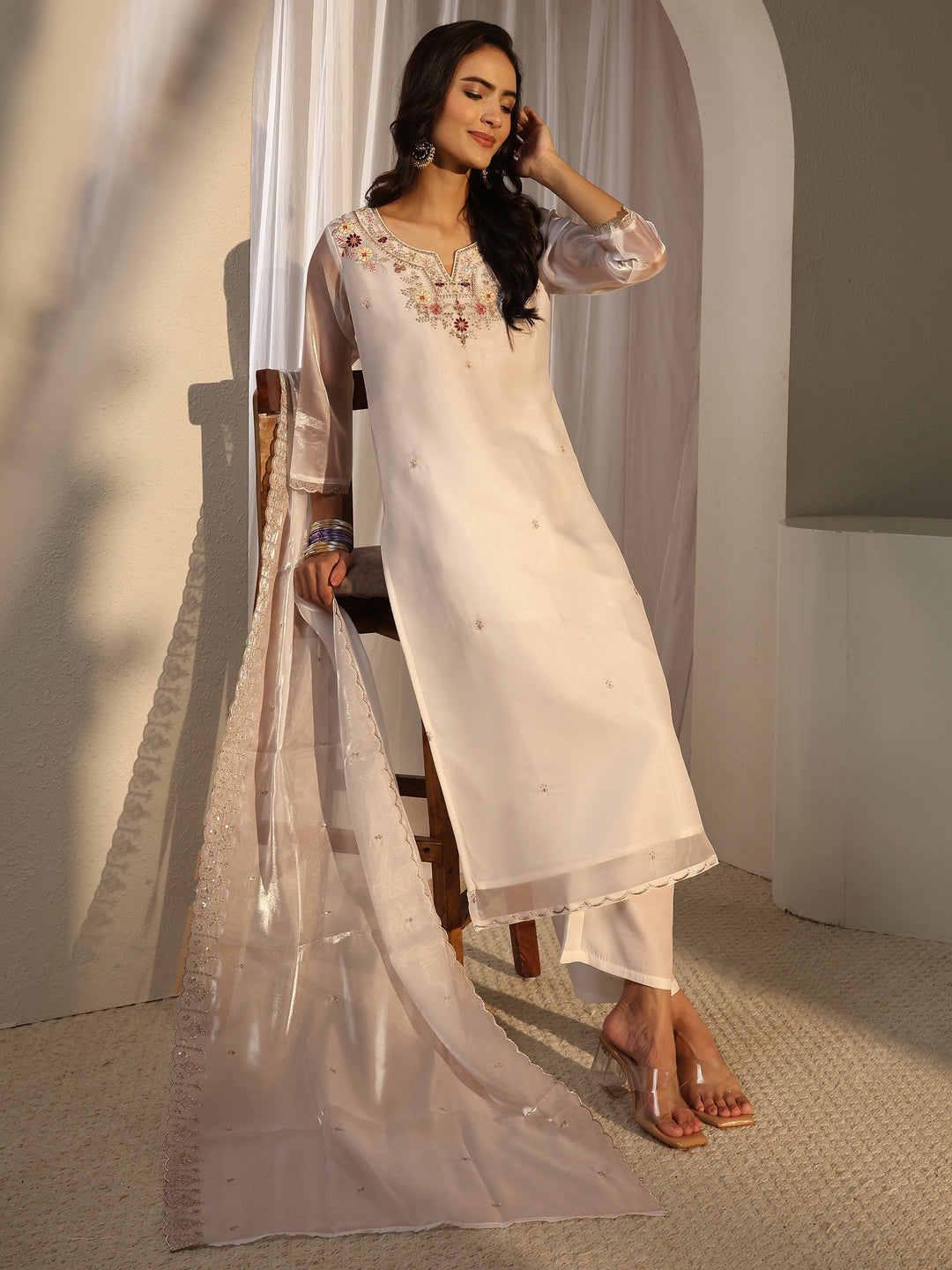  White Floral Embroidered Tissue Straight Suit Set With Dupatta 