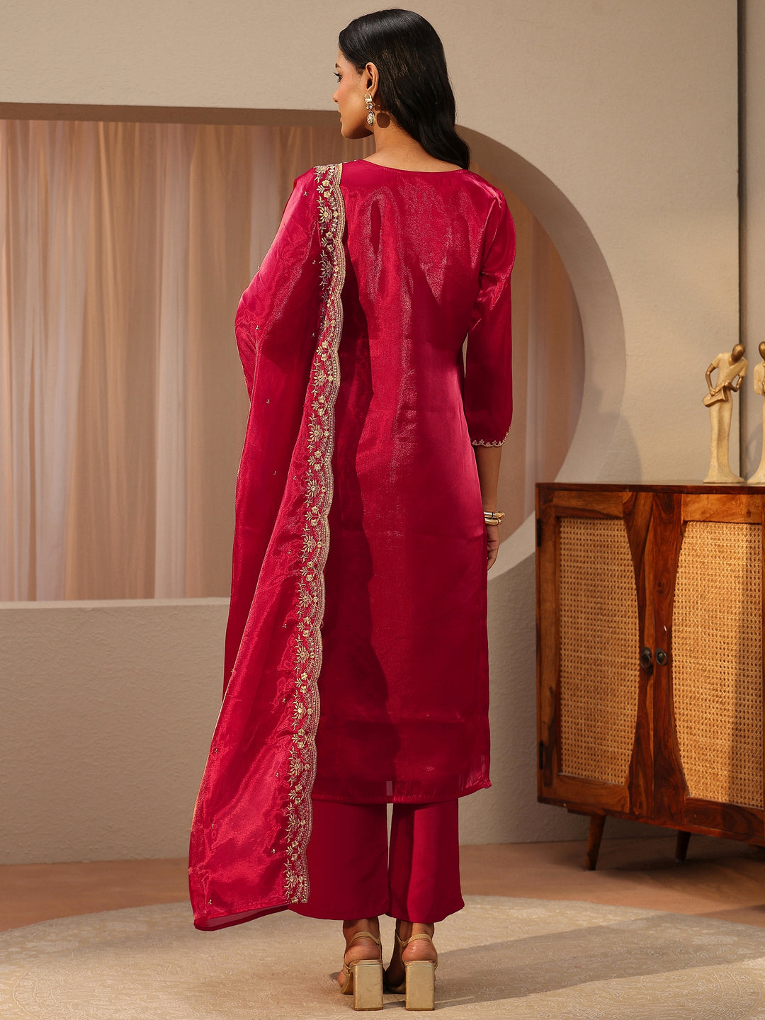  Red Floral Embroidered Tissue Straight Suit Set 