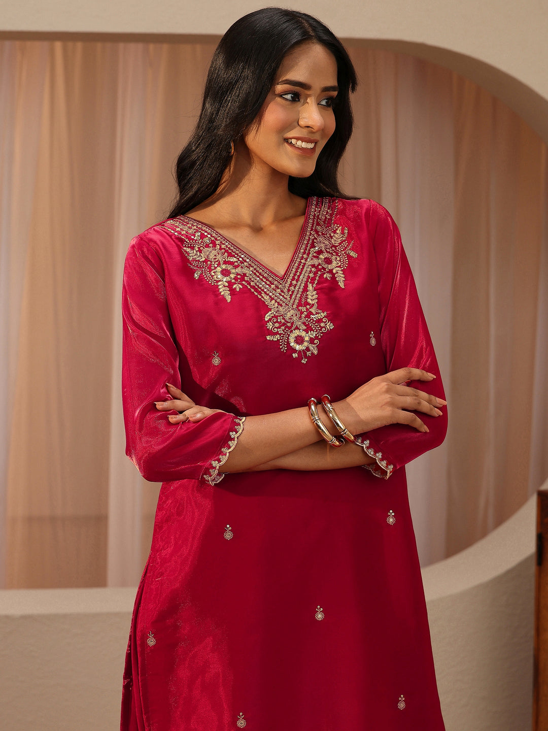  Red Floral Embroidered Tissue Straight Suit Set 