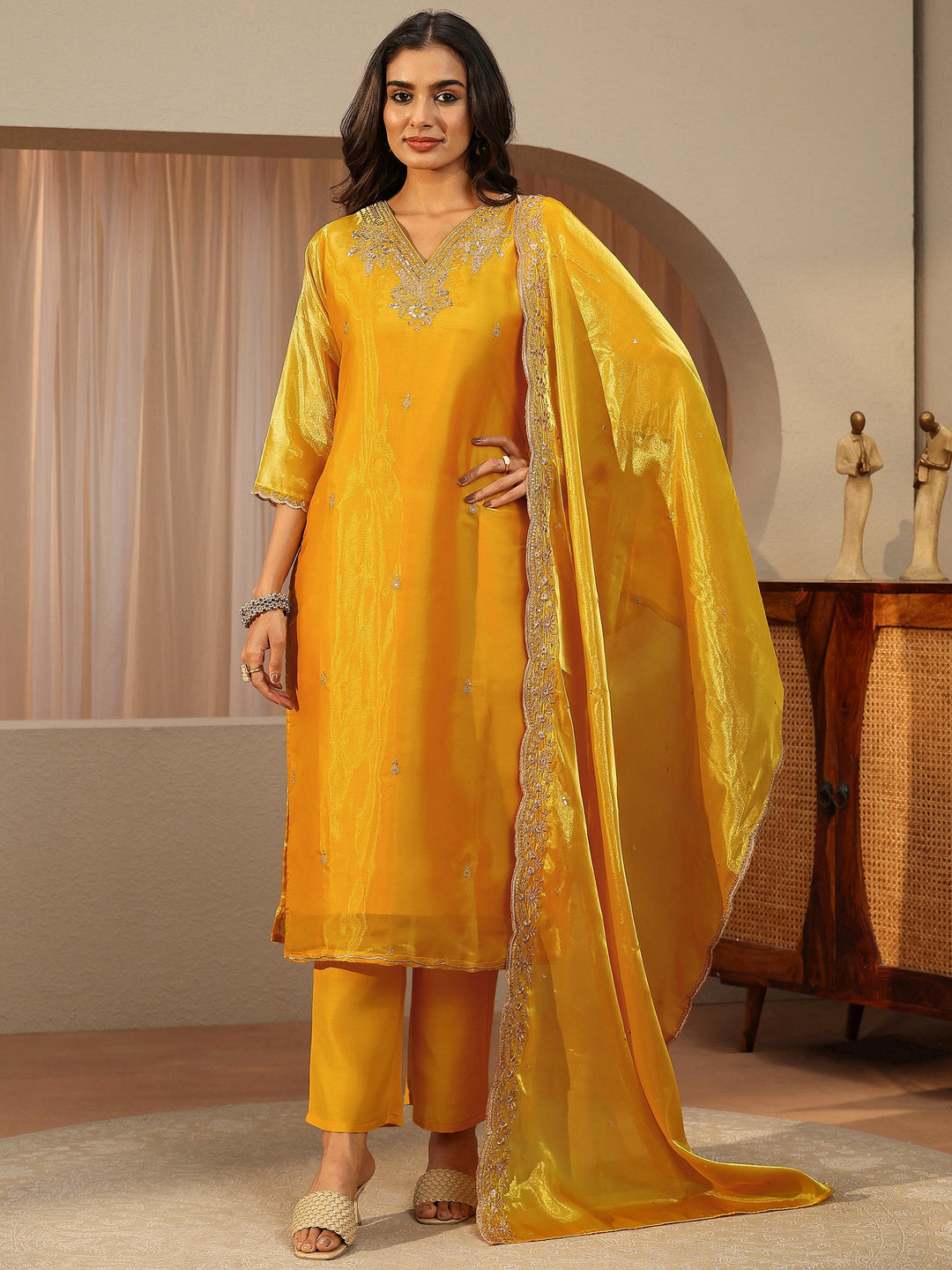  Yellow Floral Embroidered Tissue Straight Suit Set 