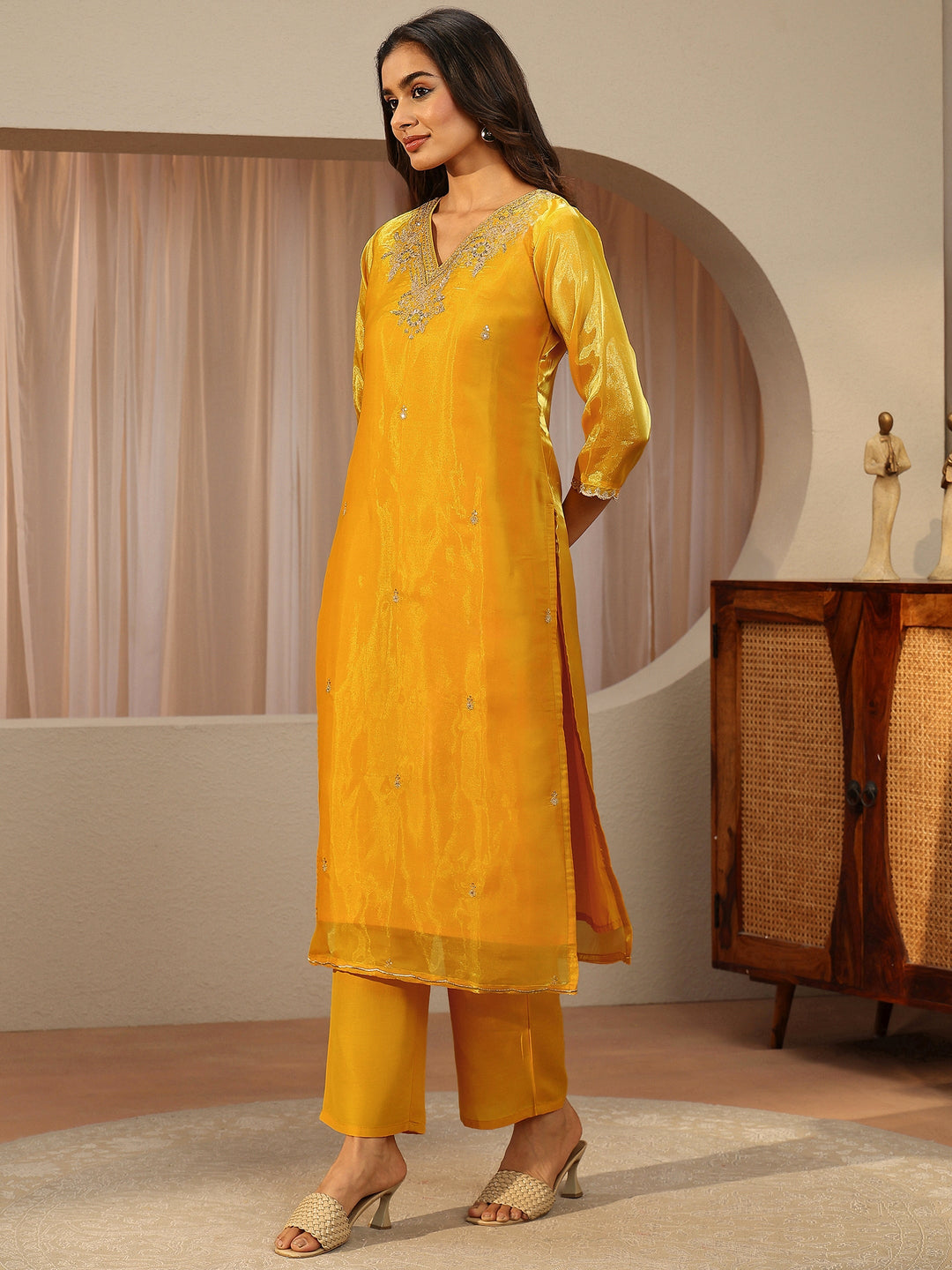  Yellow Floral Embroidered Tissue Straight Suit Set 