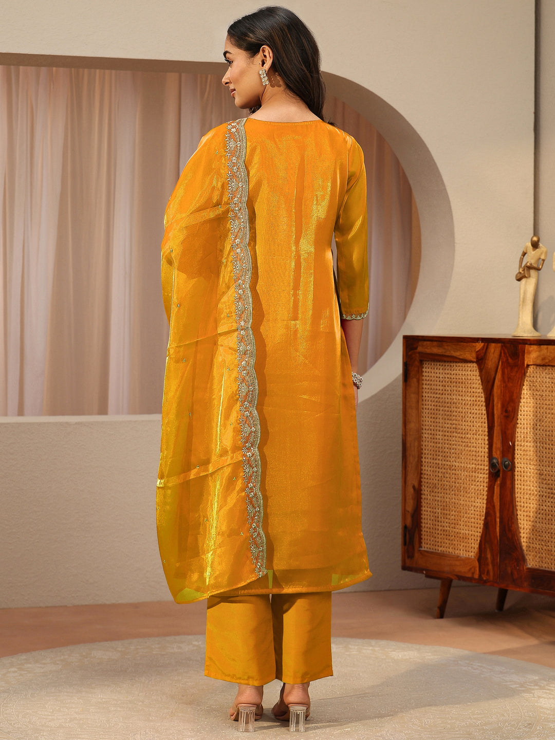  Yellow Floral Embroidered Tissue Straight Suit Set 