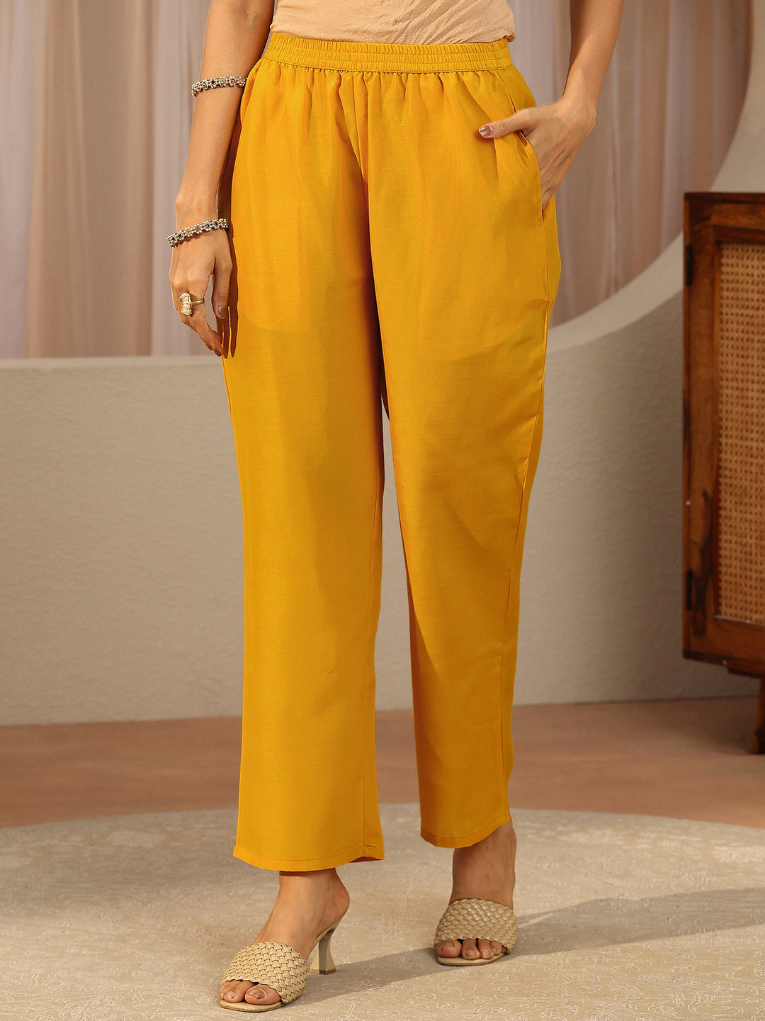  Yellow Floral Embroidered Tissue Straight Suit Set 