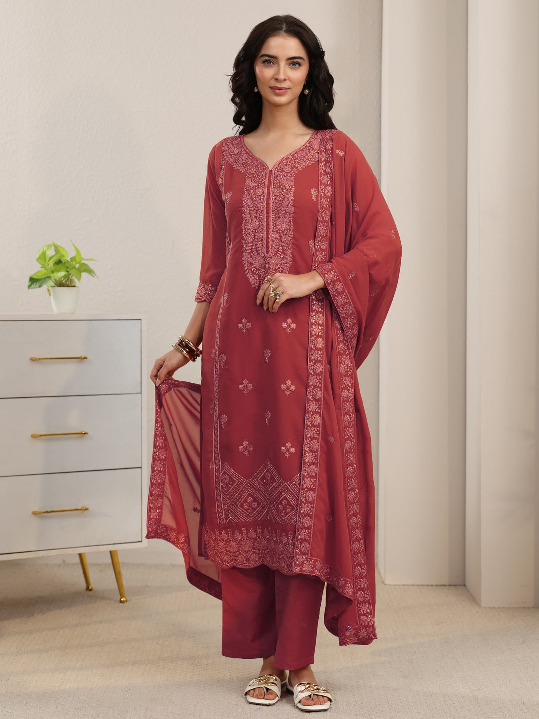  Libas Rust Red Floral Embroidered Georgette Straight Suit Set 