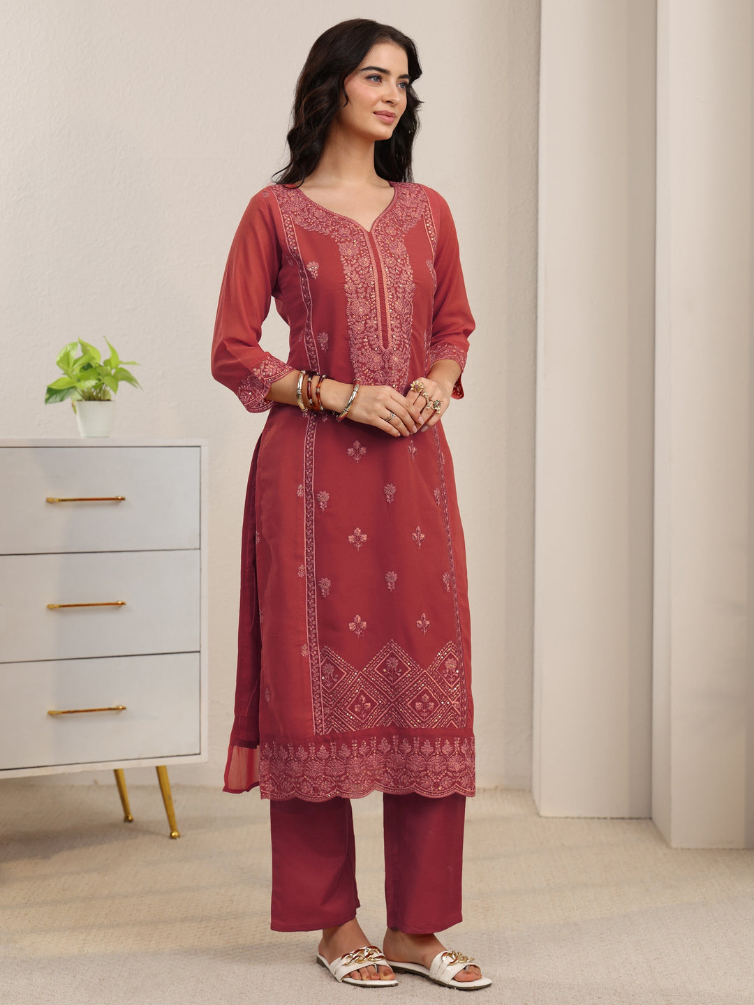  Libas Rust Red Floral Embroidered Georgette Straight Suit Set 
