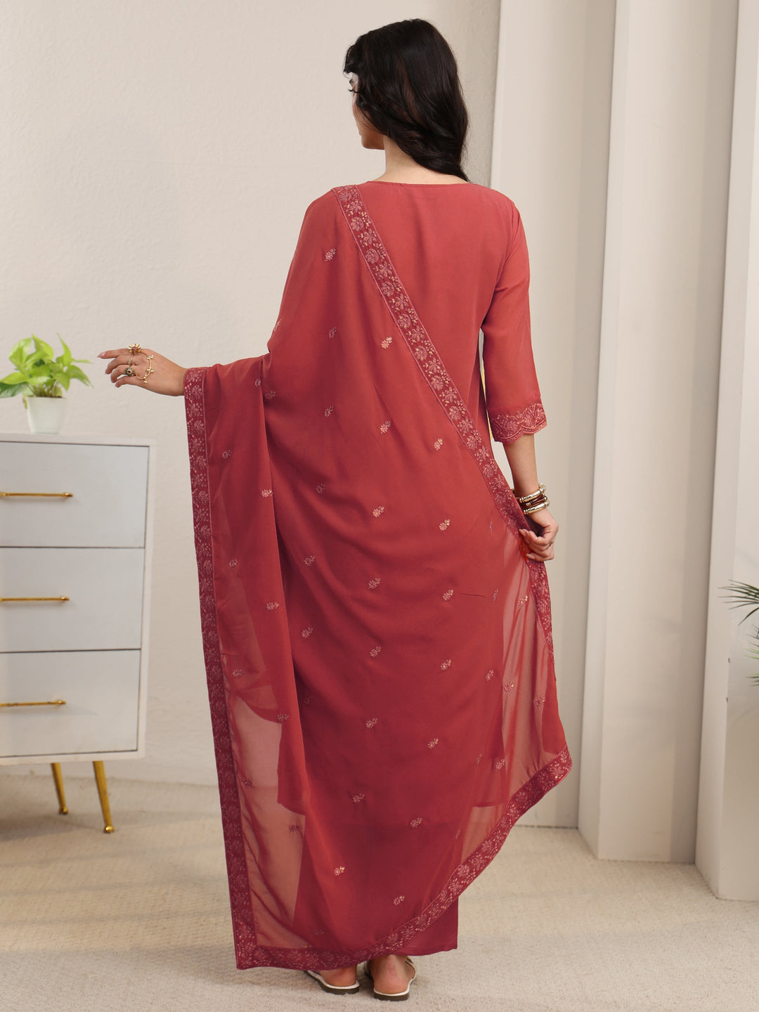  Libas Rust Red Floral Embroidered Georgette Straight Suit Set 