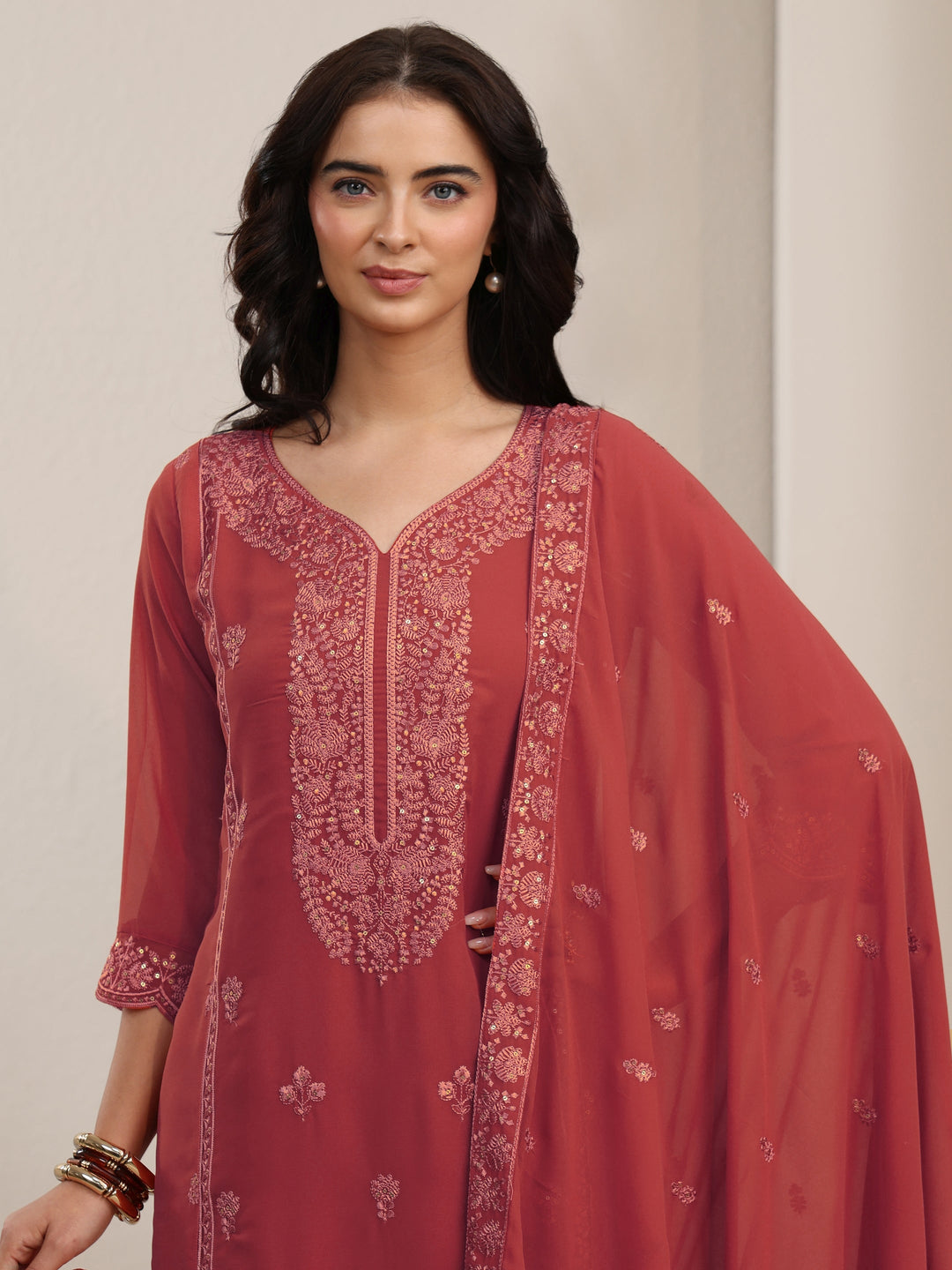  Libas Rust Red Floral Embroidered Georgette Straight Suit Set 