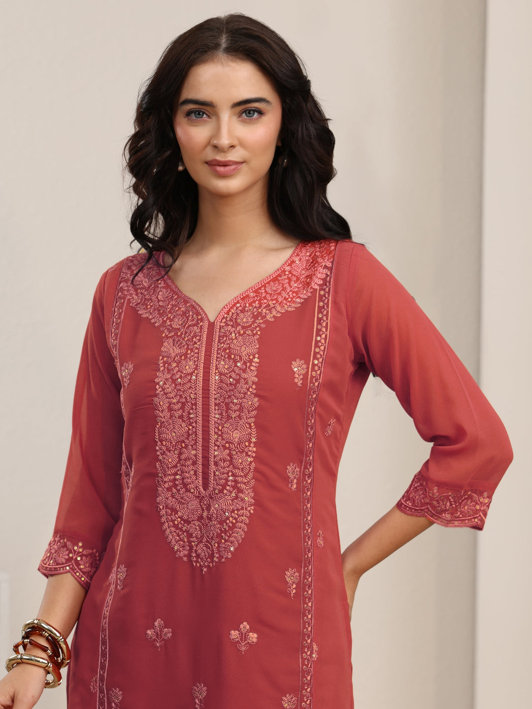  Libas Rust Red Floral Embroidered Georgette Straight Suit Set 