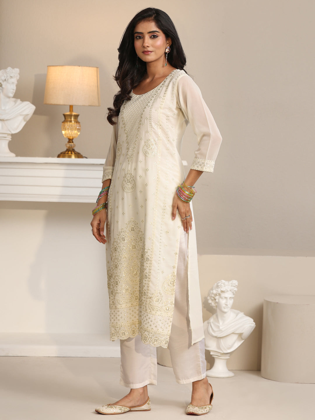  Libas Off White Embroidered Georgette Straight Suit Set 