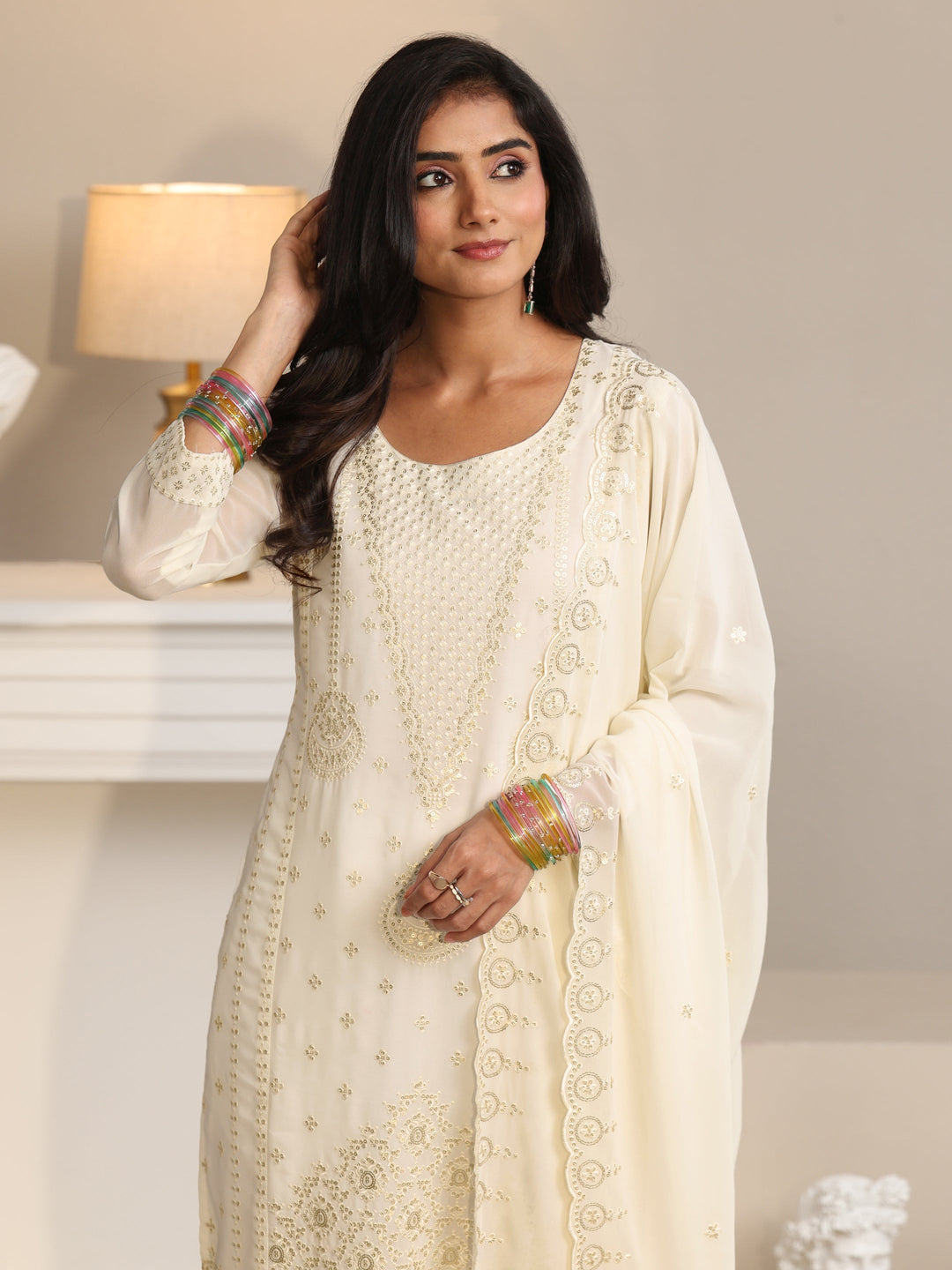  Libas Off White Embroidered Georgette Straight Suit Set 