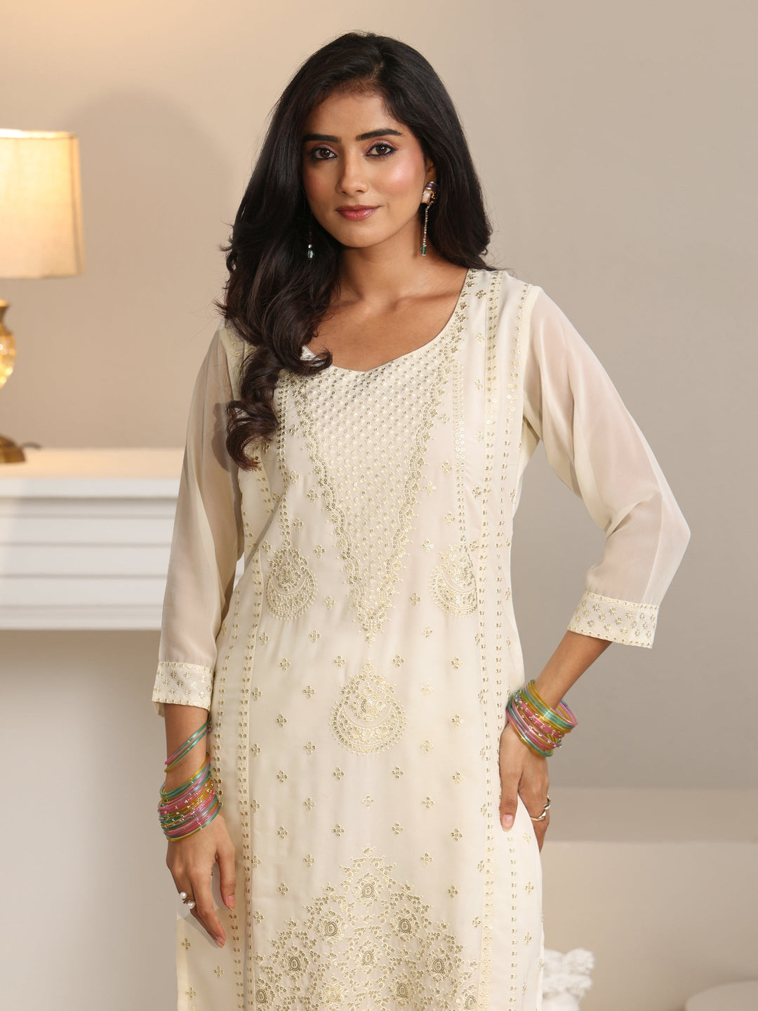  Libas Off White Embroidered Georgette Straight Suit Set 