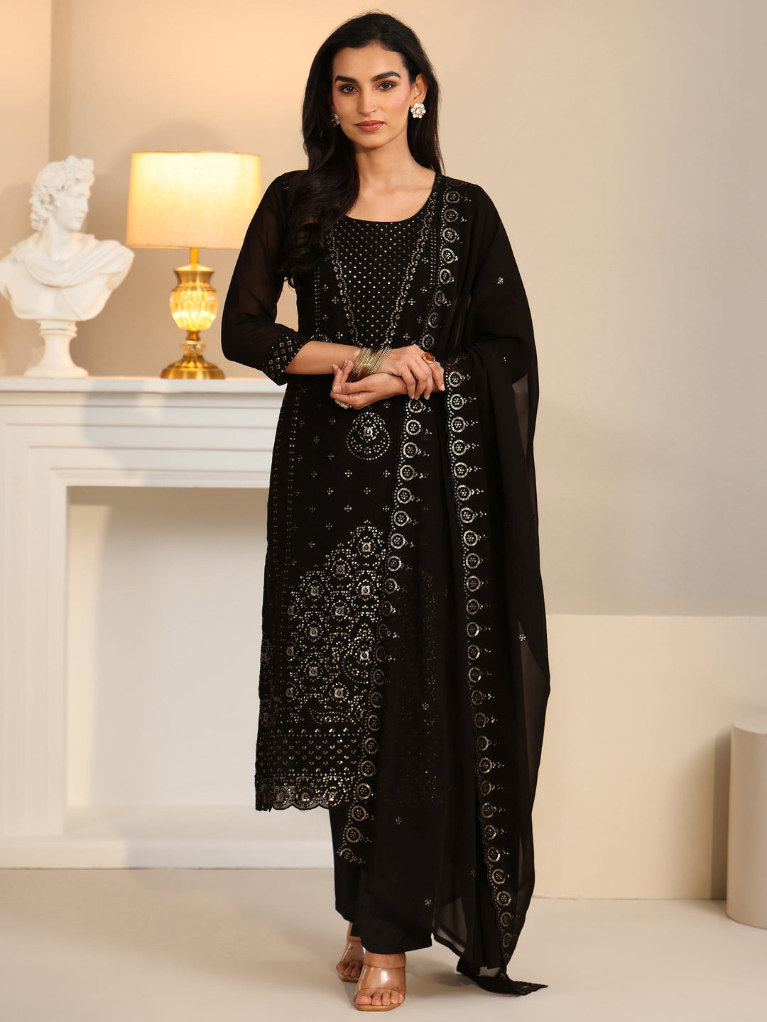  Libas Black Embroidered Georgette Straight Suit Set 
