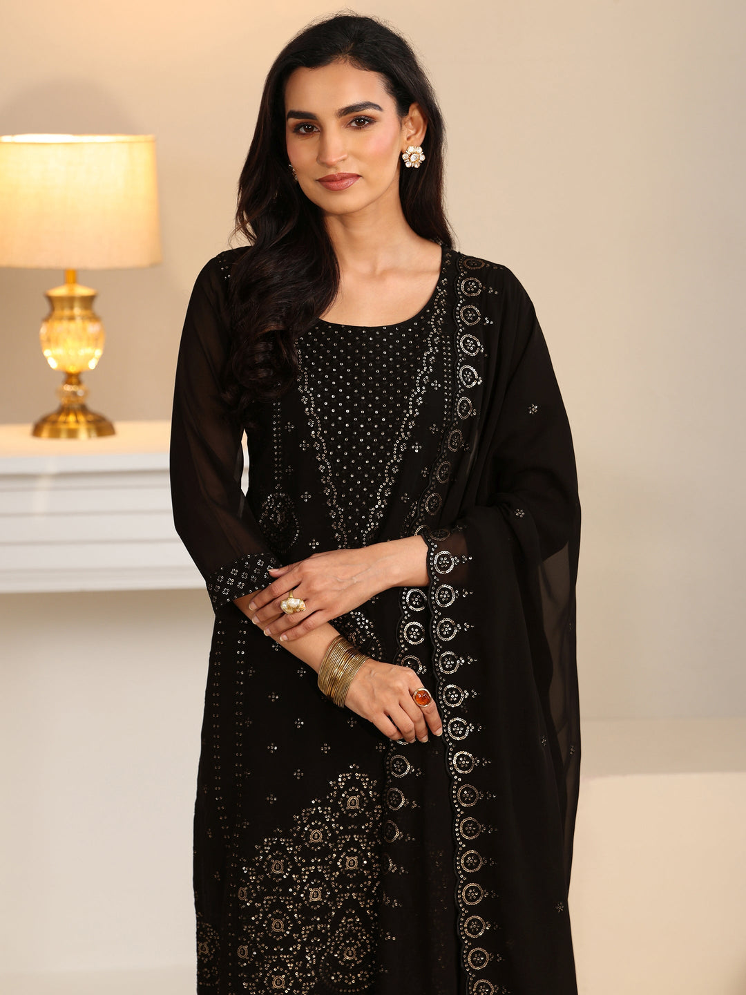  Libas Black Embroidered Georgette Straight Suit Set 